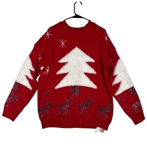 Yesfashion Kohl's Christmas Tree Red Holiday Sweater Glitter Accent Womens L NWT